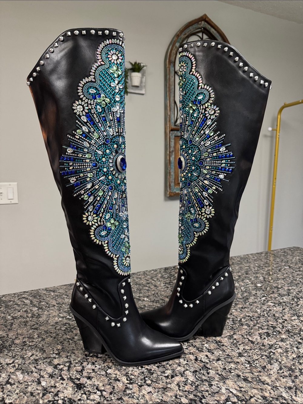Azalea Wang Over-the-Knee Boots Blue Peacock design and Stud Details NEW 6 - Picture 13 of 17